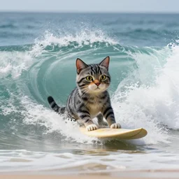 an anthropomorphism cat by designed wayne westwood surfing a mega wave, photo taken from the shore, highly detailed photography, 3 0 0 mm, natural light, bokeh effect