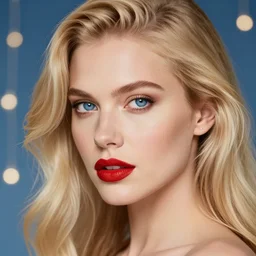 A portrait of a beautiful blonde woman with beautiful blue eyes and beautiful red lips, piercing eyes, in heaven, highly detailed, bokeh, professional photograph, 4K, HD