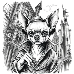 black and white sketch of a chihuahua criminal underworld thief in a lovecrafti an gothic horror haunted city