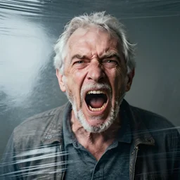 a photographic portrait of a rugged elderly man, screaming, behind plastic wrap by Martin Schoeller