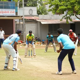 four tamil friends playing a game of cricket, on an indian street
