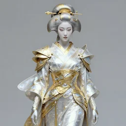 a futuristic female geisha warrior by cy Twombly and BASTIEN LECOUFFE DEHARME, silver White and gold, iridescent, volumetric lighting