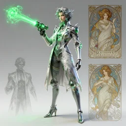a full body character design by artgerm, cushart krenz, greg rutkowski and alphonse mucha. mad scientist woman lab coat!! green plasma laser gun!! sharp edges. ultra clear detailed. 8 k. ultra detailed, elegant, intricate, octane render.