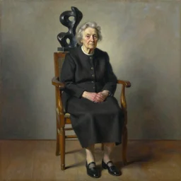 portrait of an old lady on the tall chair with jean arp sculpture on her back. painting by abercrombie gertrude