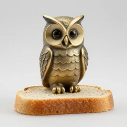 A statuette of an owl on a piece of bread. solid Background.