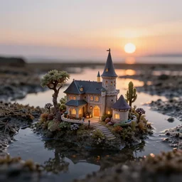 a tiny kingdom in a tidal pool, macro photography, sunset, beautiful, artstation, highly detailed, soft lighting,