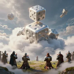 holy dice in the clouds, on the ground are people in fantasy armor praying
