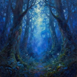 oil painting of fantasy magic forest, by james jean and craig mullins, blue