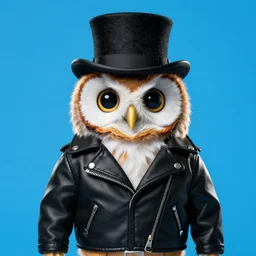 cute owl wearing black biker jacket, portrait photo, backlit, studio photo, background colorful kobalt blue, tophat