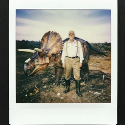 old polaroid photo of an old man hunter standing proudly next to a triceratops corpse