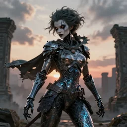 portrait of a diabolical cyborg clown samurai girl, hair tail, torn cape, adaptive armor, dynamic pose, heavy eyes to the side, ancient ruins, glowing veins subsurface scattering, in clouds, sunset, portrait, by gerald brom, by mikhail vrubel, by peter elson, muted colors, extreme detail, reflections, trending on artstation, 8 k