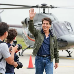 Tom Cruise waving to fans. He's wearing bluejeans and a green jacket, Ralph Lauren. A helicopter is in the background. Shallow depth of field
