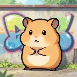 japanese grafitti of a cute gold hamster, chibi, anime