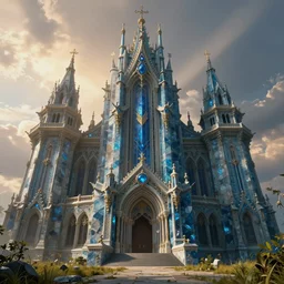 an imposing and highly ornamented fantasy castle, carved from sapphire stone, cinematic view, epic sky, detailed, concept art, low angle, high detail, warm lighting, volumetric, godrays, vivid, beautiful, by jordan grimmer, huge scene, grass, art greg rutkowski