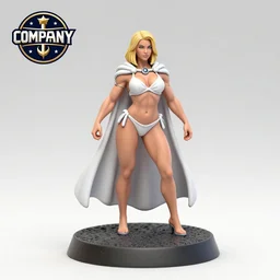 80mm resin detailed miniature of a Very Muscular Queen, long white cape, bikini-armor, light skin, short blonde hair, on textured disc base, Company logo in upper left corner; Miniature product Photo, 4K, Full body