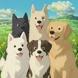dogs together, digital art like hayao miyazaki