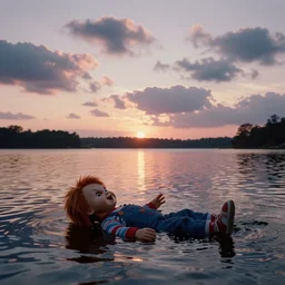 sunset clouds with a calm lake in the background and a screaming chucky swimming ashore by greg rutkowski cinematic 3 5 mm film