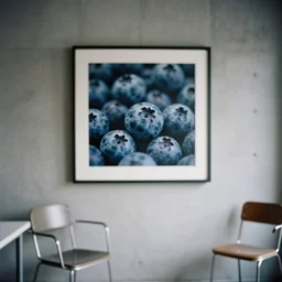 kodak portra 4 0 0, muted colours, blueberry, 1 9 2 0 s style, long shot, photo of a room with concrete walls and a huge square square picture frame, tiny gaussian blur, depth of field, 1 9 6 0 s metal furniture,