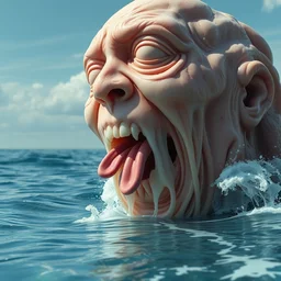 a massive sculpture of a squashed human face with 3 tongues sticking out made out of dripping jelly on the ocean water, cinematic, hyper - realistic, very detailed, realistic water splashes, ray tracing, 8 k resolution, long - shot, sharp focus, low angle, 8 5 mm photograph, wide lens