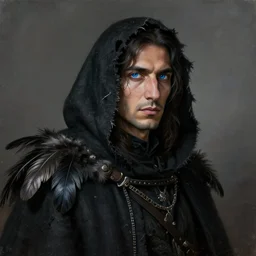 portrait painting of a blue - eyed middle eastern man with shoulder length hair wearing a tattered black cloak with feathers and coat, sharp focus, award - winning, trending on artstation, masterpiece, highly detailed, intricate. art by makoto shinkai