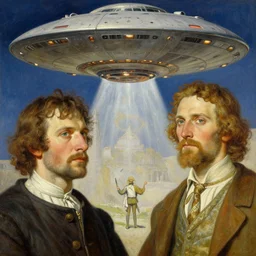 painting of a scene from an ancient historical ufo encounter, charles abel corwin, frank lloyd wright, alphonse mucha, highly detailed, oil painting, hyper realism, sharp focus, detailed faces