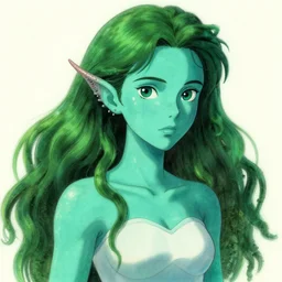 turquoise skin ; young woman ; gills ; fish woman ; algae green hair ; cinematic ; drawn by studio ghibli ; trending on artstation ; high detail ; digital art
