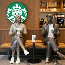 Living statues having coffee at Starbucks