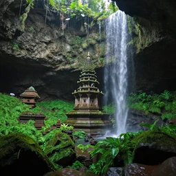 ancient temple,plants and waterfalls in the interior of a cave