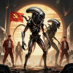 alien xenomorph vs humans sci - fi comic, communist outfit, retro sci fi