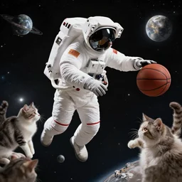 An astronaut playing basketball with cats in space
