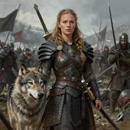 a gorgeous!! woman resembling alicia vikander as a viking warrior accompanied by a dire wolf on the battlefield surrounded by the fallen | drawn by wlop, drawn by jeehyung lee, drawn by argerm | intricate, highly detailed, ultra graphics, digital painting, artstation