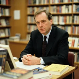 2 0 0 3 john lassiter wearing a black suit and necktie sitting in a bookstore at a table. there are books being displayed on the table
