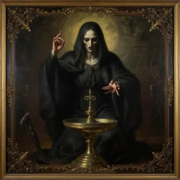 portrait of an ominous mysterious horrific omniscient religious figure performing a dark ritual, oil on canvas, romanticism style, ornate, elegant, highly detailed, surrealism, concept art, trending on artstation