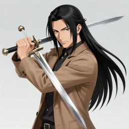 character portrait by tatsuki fujimoto of a handsome male vampire wielding a chainsword, long black hair, light brown coat