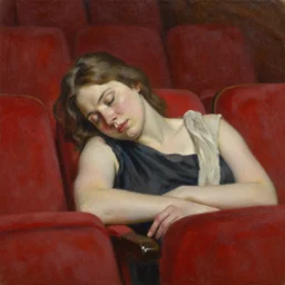 an award winning portrait of a woman sleeping in a theatre, oil on canvas, masterpiece, realism