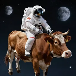 Realistic, 8k, astronaut riding a brown cow in space
