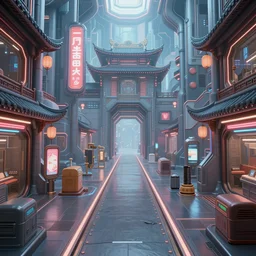 a futuristic post - apocalyptic subway city of oriental type with neon lights artstation, illustration