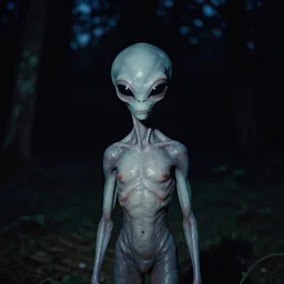 photo of a grey alien at night in a forest, 8mm film