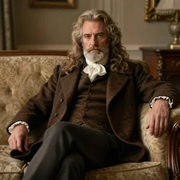 cozy older handsome lord richard is sitting gracefully on a sofa, he has elegant
