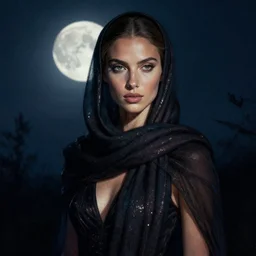 detailed portrait in mysterious femininity, ethnic, clear eyes, statuesque, gazelle - like, confident realistic face, radiant skin, dark gown and scarf, svelte fashion design, bathed in moonlight, chiaroscuro, impressionism, midnight, natural color scheme, silhouette, glint highlights, deep rich hues, sharp illustration