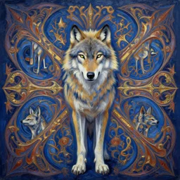 spirit wolf by GEOGLYPHIKS by FABIÁN JIMÉNEZ by MICHAEL DIVINE by AMANDA SAGE in the style of oil painting visionary art, intricate oil painting artwork. , trending on artstation, very coherent symmetrical artwork, oil painting