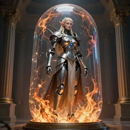 Alluring Elf Princess knight, ((((Futuristic Cyborg goddes))), on cryogenic capsule. By Frank Lloyd Wright, by  Rembrandt (1667),  concept art, inrincate, sharp focus, digital painting, unreal engine, cgsociety, neoclassical, mech, robot, fractal flame, cinematic, overwatch skin, highly detailded