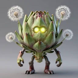 a humanoid figure thistle dandelion monster with eyes, radiation glow, highly detailed, digital art, sharp focus, trending on art station, artichoke, anime art style