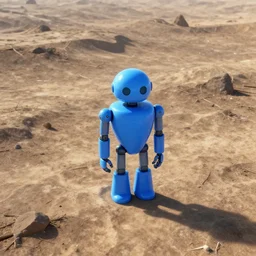 a blue robot stands alone on a dead earth, digital art