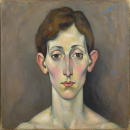 expressive medium shot portrait of a woman with big ears and a small head, short brown hair, brown and blue palette, oil painting, muted colors, artwork by lucian freud
