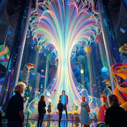 interior mythical glass temple, infinite fractal ascent, radiation waves, synthwave, bright neon colors, highly detailed, cinematic, eyvind earle, tim white, philippe druillet, gerald scarfe, rene laloux, lisa frank, aubrey beardsley, kubrick