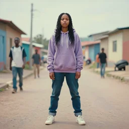 still from music video of yolandi visser from die antwoord standing in a township street, wearing a hoodie, street clothes, full figure portrait painting by martine johanna, ilya kuvshinov, craig mullins, pastel color palette, 3 5 mm lens