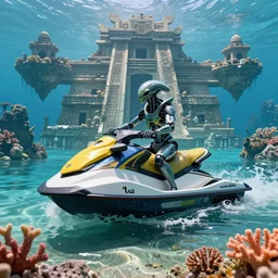 ultrarealistic, cyborg, alien, water, amphibian, alien world, submerged, aquatic, aztec architecture, jet skis, high tech, vibrant coral, clear water, sand, rocks, floating city