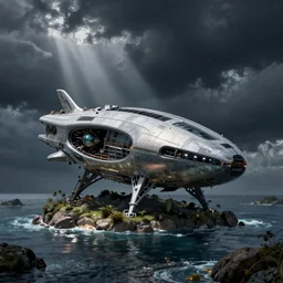 « alien ship, crashed, island, realistic »