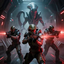 3 5 mm closeup portrait of a mass effect soldier shooting a cthulhu lovecraft alien xenomorph monster in science fiction spaceship hallway, dramatic lighting, octane, red led lights, lens flare, trending on artstation, h. r. giger, gustave dore, moebius, mist, mass effect, action, volumetric lighting
